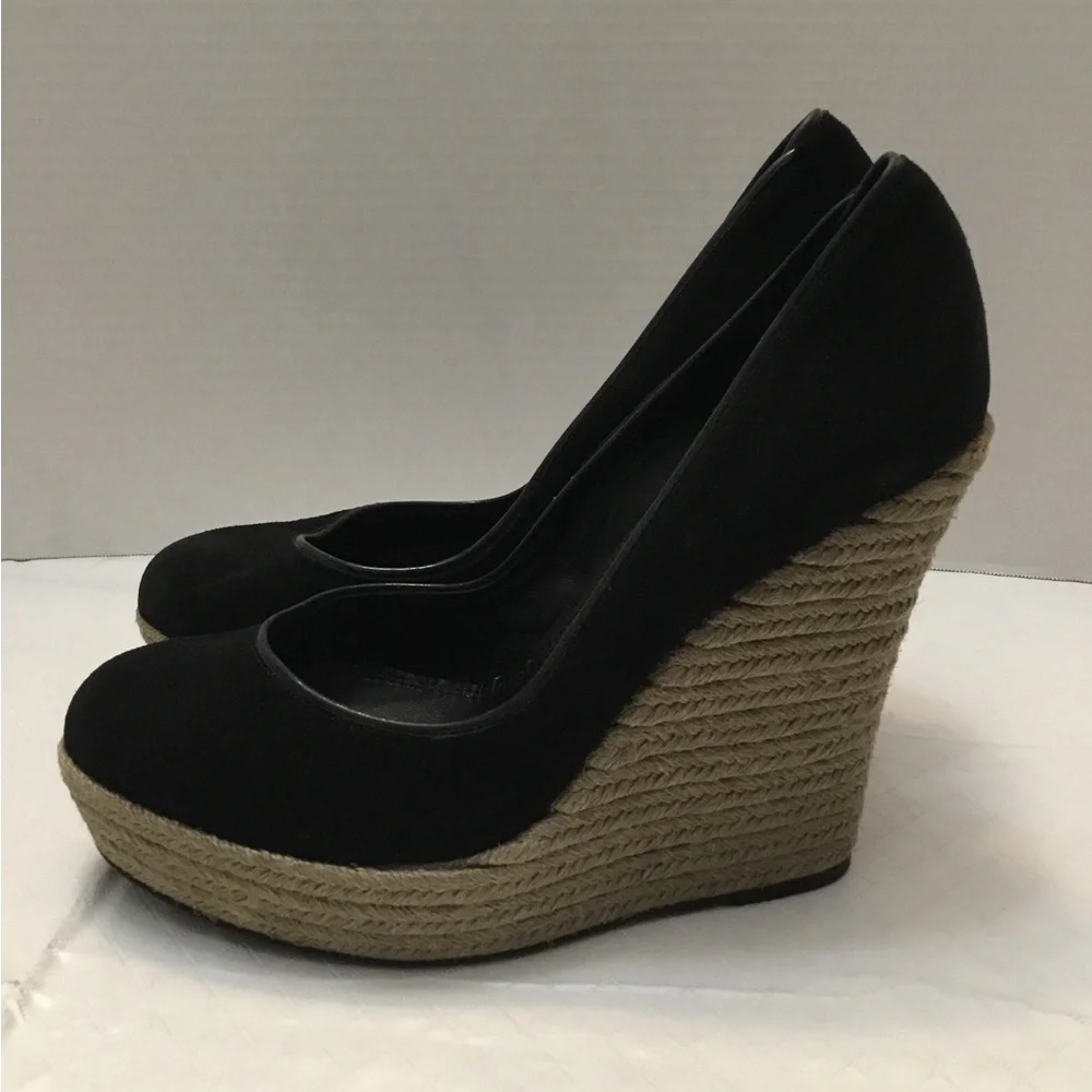 Theory Black Espadrille Wedge Pumps